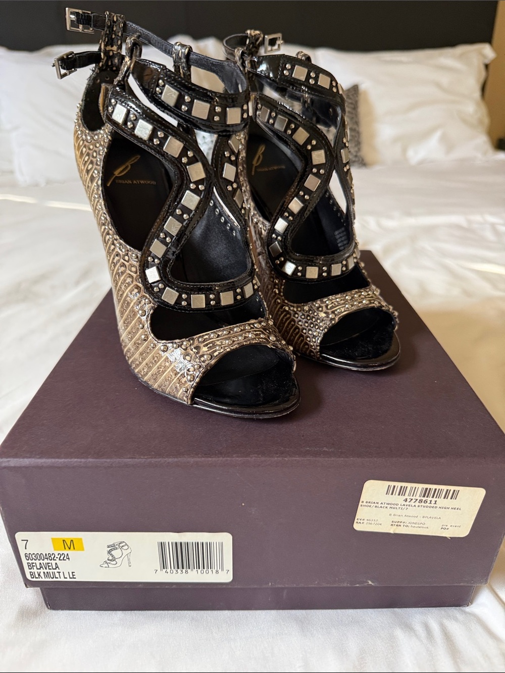 Brian Atwood Black and Gold Studded Peep-Toe Heels